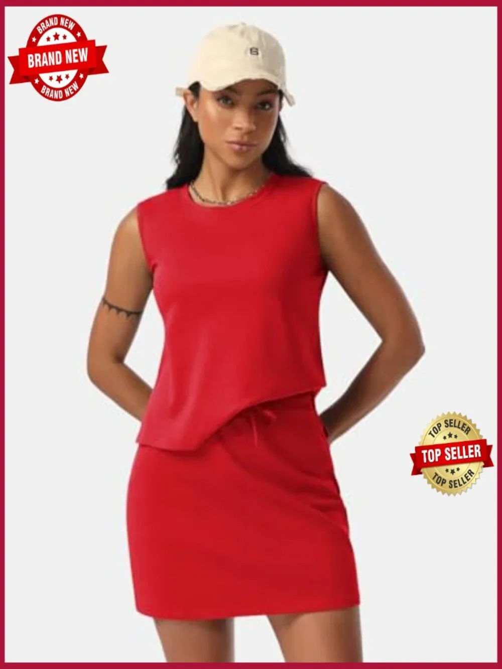 Two Piece Skirt Set Sleeveless Tank Top and Tennis Skort Cotton Matching Outfit